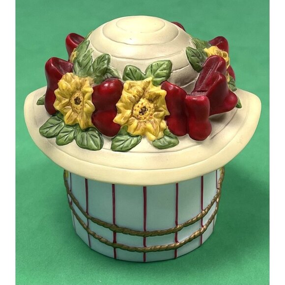 VTG Willow Hall Jane Asher 3.5" Straw Hat Ceramic TRINKET BOX Red Ribbons EUC - Picture 1 of 6